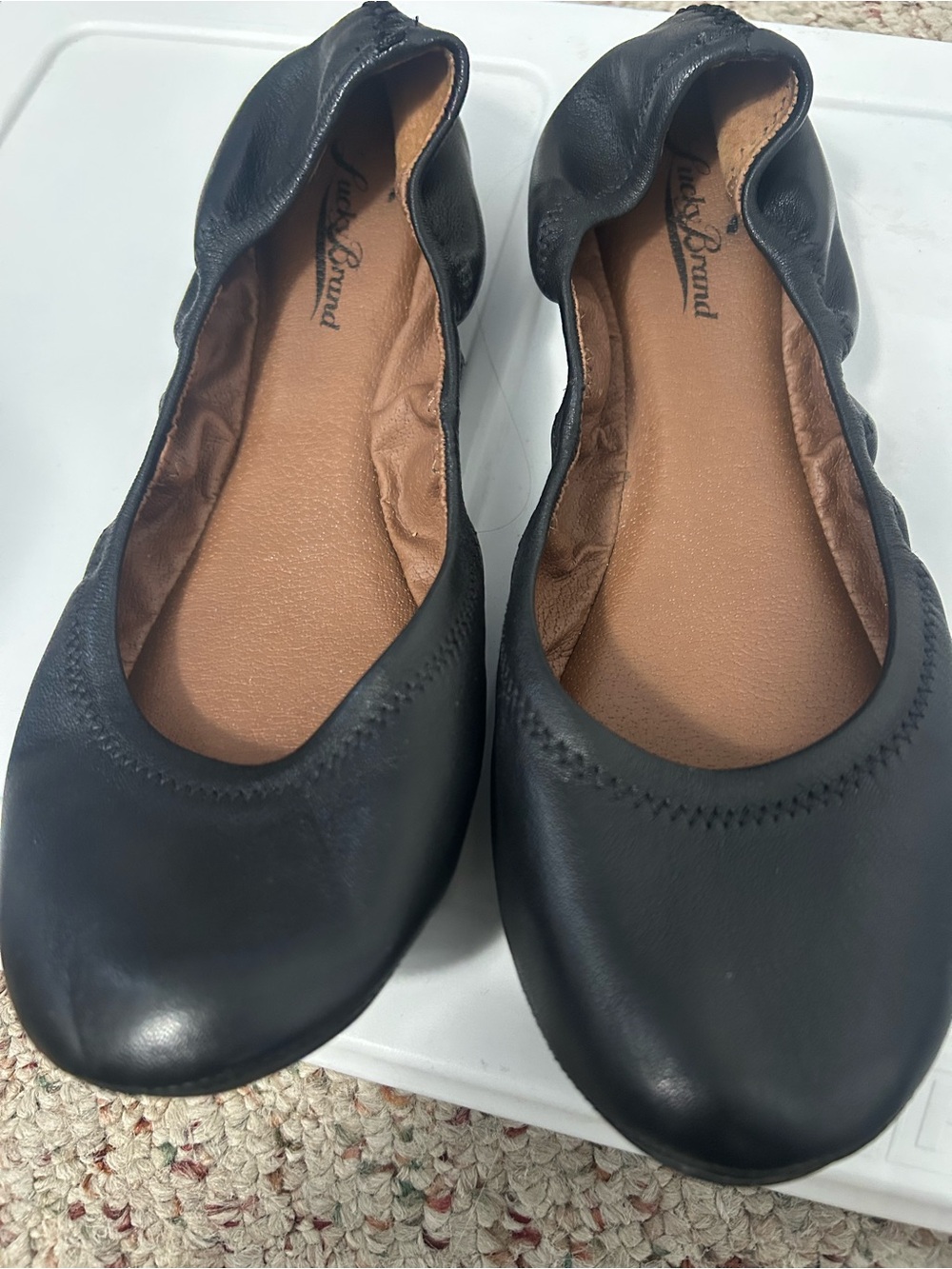 Lucky Brand Black Leather Elastic-Top Ballet Flats